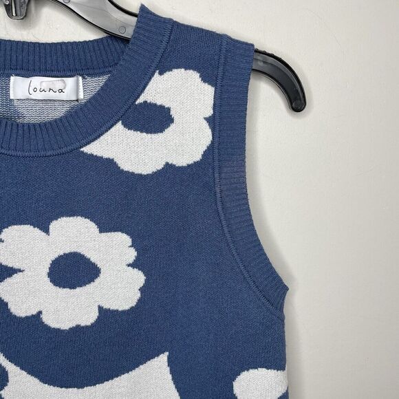 LOUNA Sweater Womens Large Blue Floral Knit Tank Sleeveless Abstract - Picture 4 of 10